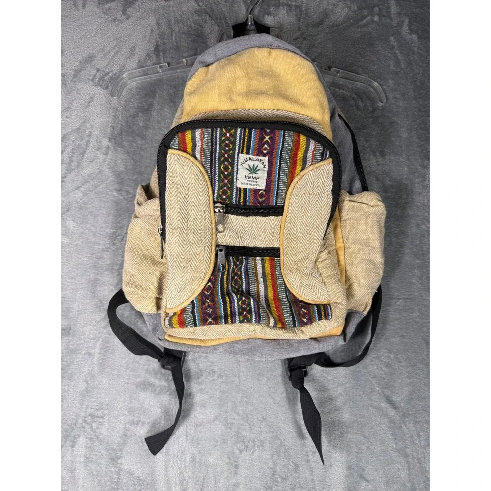 Himalayan Hemp Woven Boho Backpack Made in Nepal Tan Grey Multicolor